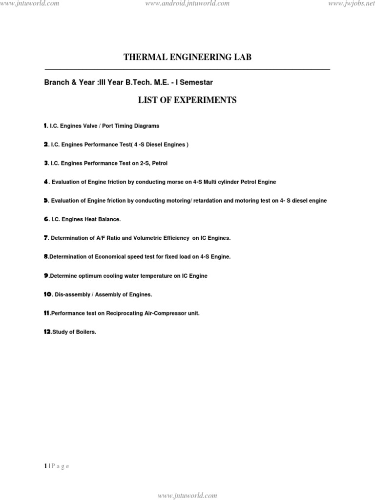 Thermal Engineering Lab Branch Year Iii Year B Tech M E I