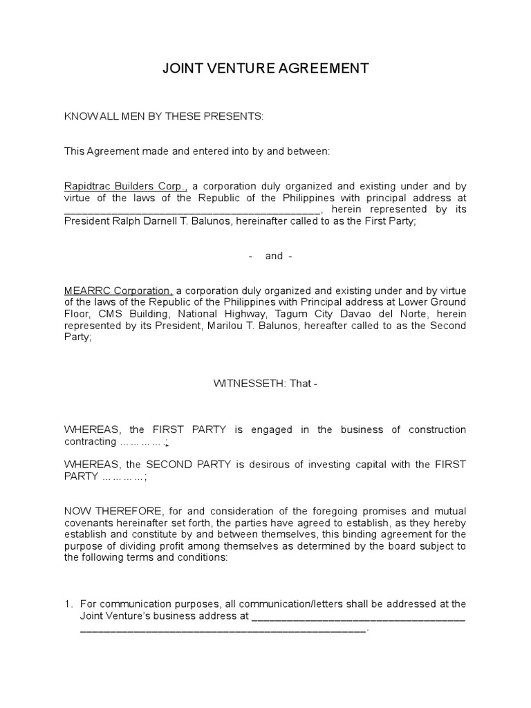 Template For Joint Venture Agreement | PDF | Joint Venture | Government