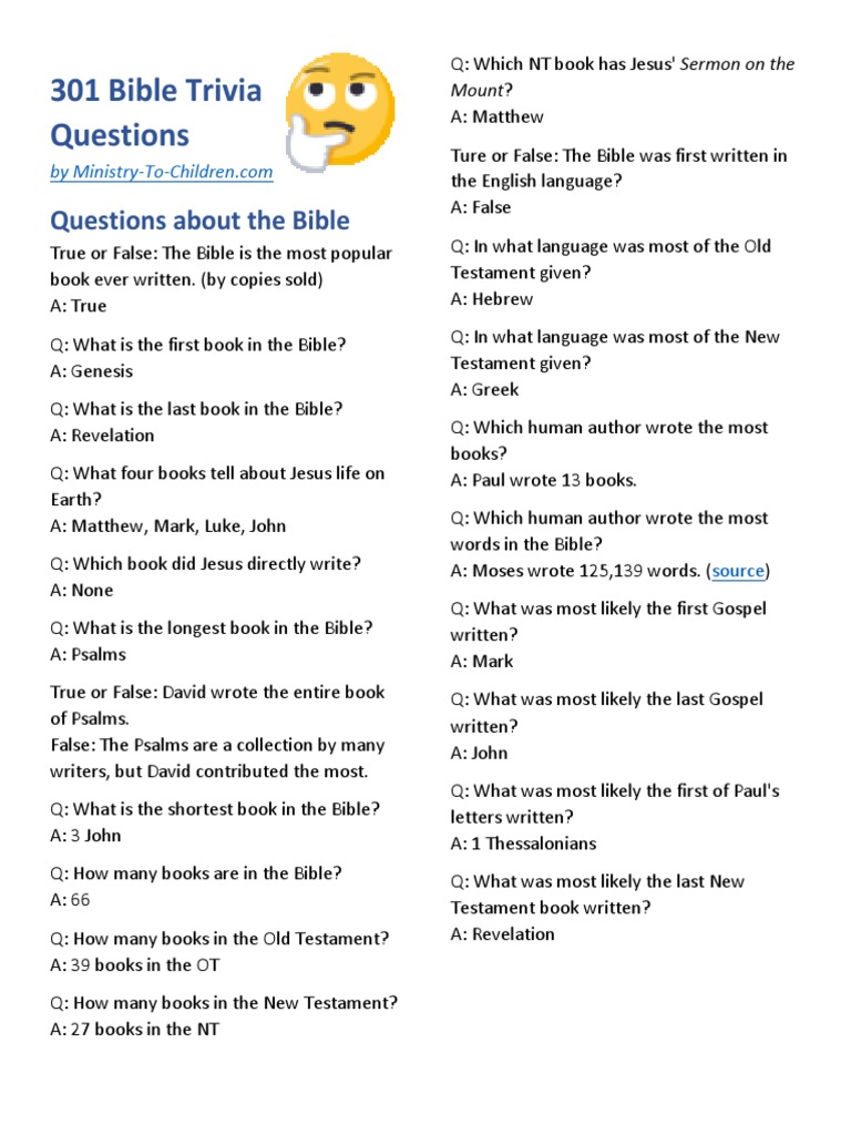 Printable Bible Trivia Questions And Answers For Adults Quiz Questions And Answers