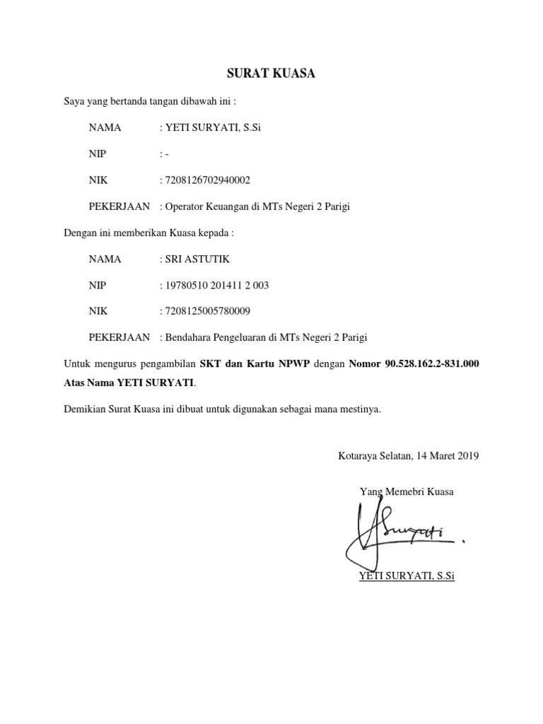 Surat Kuasa Pengambilan Kartu NPWP | PDF