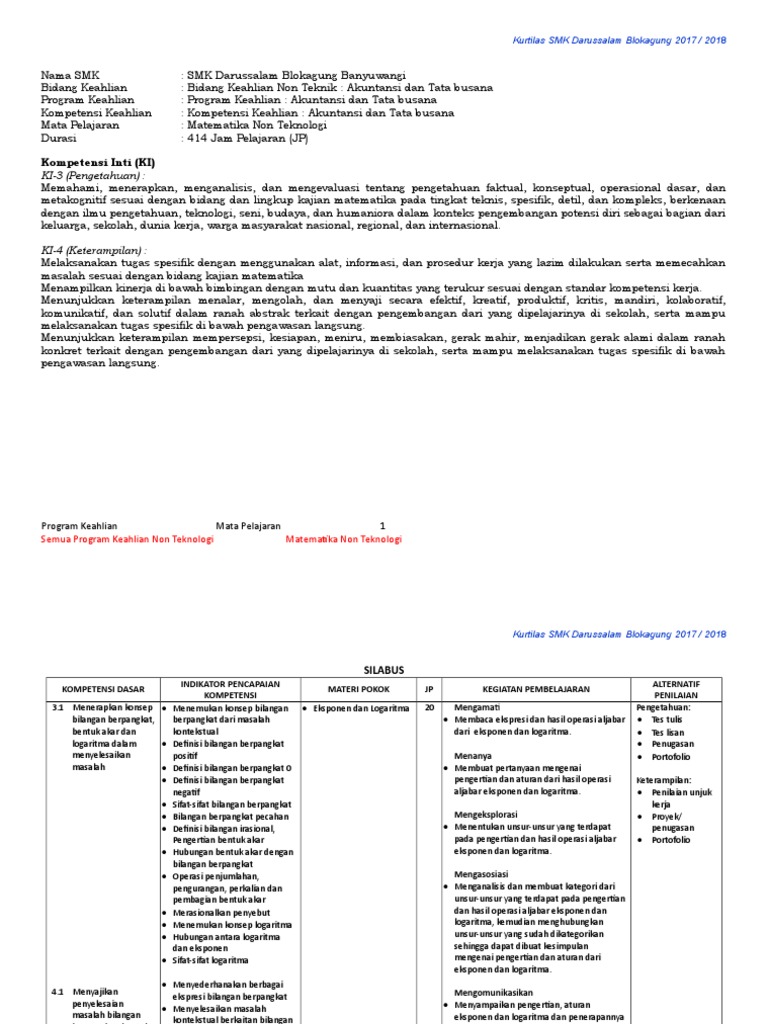 Silabus Matematika Smk Tahun Ajaran 2019 2020