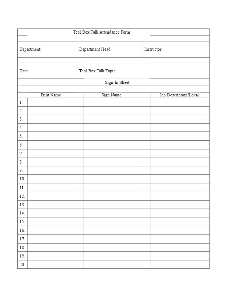 Toolbox Talk Attendance Sheet  PDF Intended For Toolbox Meeting Template Doc