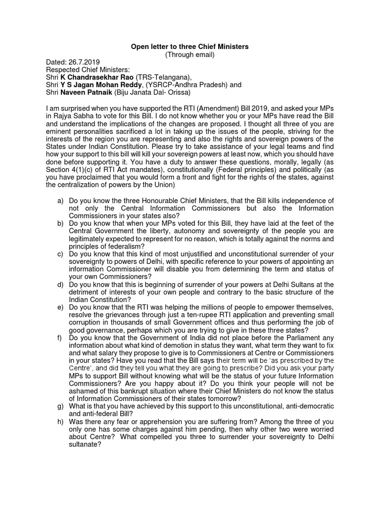 Letter To 3 Cms | PDF | Sovereignty | Government Of India