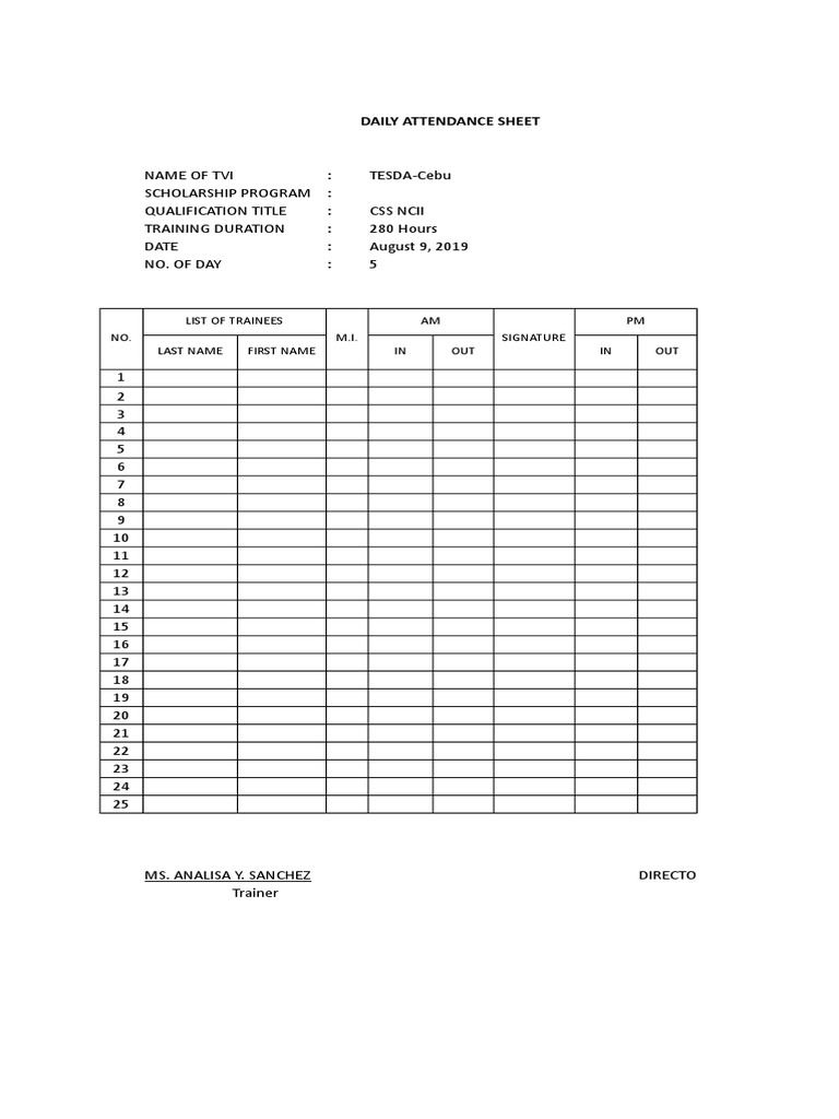 Daily Attendance and Sign-In Sheet for the CSS NCII Scholarship Program ...
