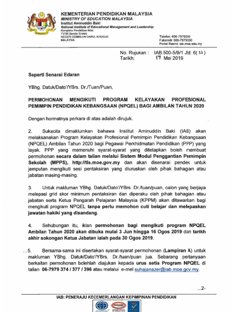 Surat Siaran Iklan Permohonan Mengikuti Program Npqel Ambilan Tahun 2020 Pdf