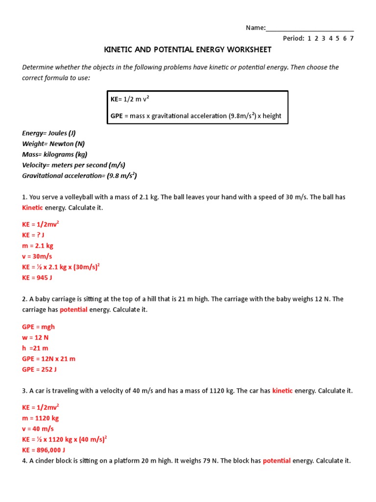 3 Kinetic And Potential Energy Hw 1 Answers Kinetic Energy Potential Energy