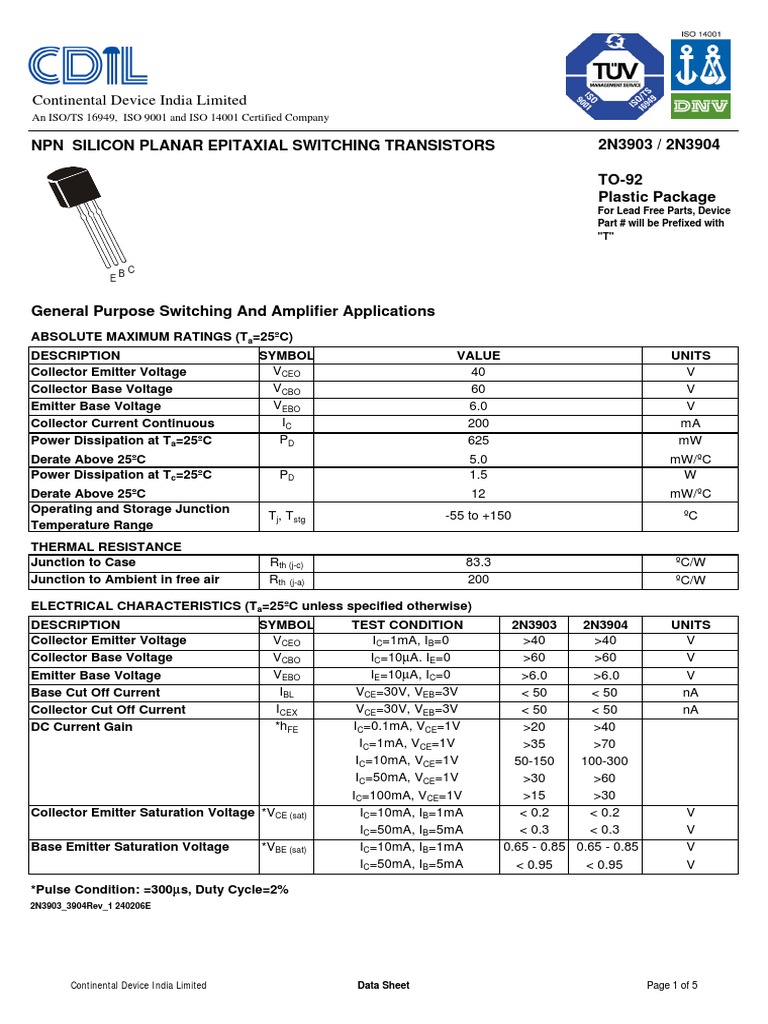 NPN Silicon Planar Epitaxial Switching Transistors 2N3903 / 2N3904 TO ...