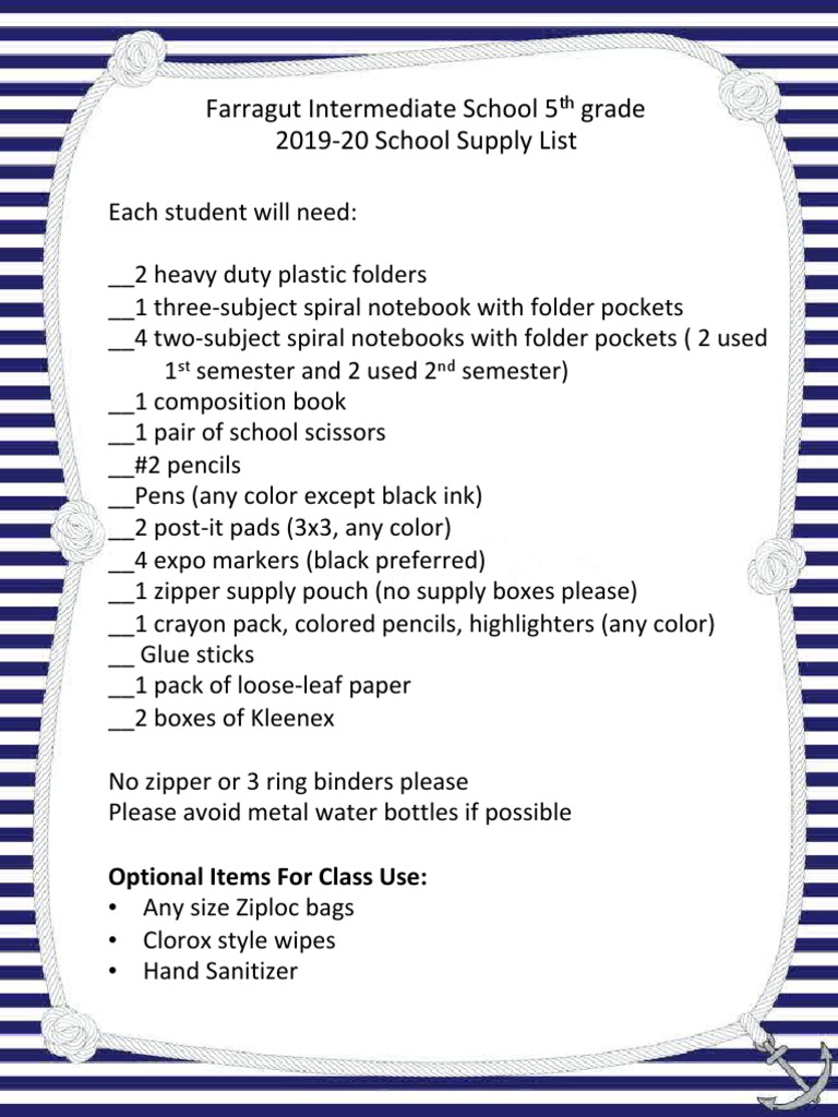Farragut Intermediate School 5 Grade 201920 School Supply List PDF