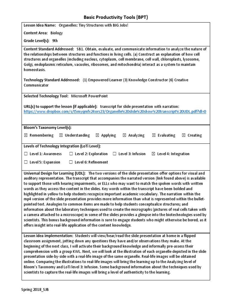 BPT Lesson Plan PDF Cytoplasm Cell (Biology)