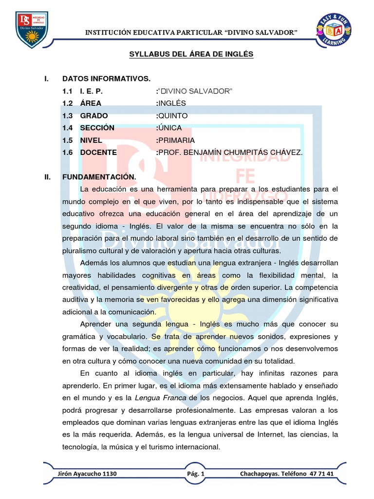0 Syllabus Ingles Quinto Primaria Aprendizaje Conceptos Psicologicos