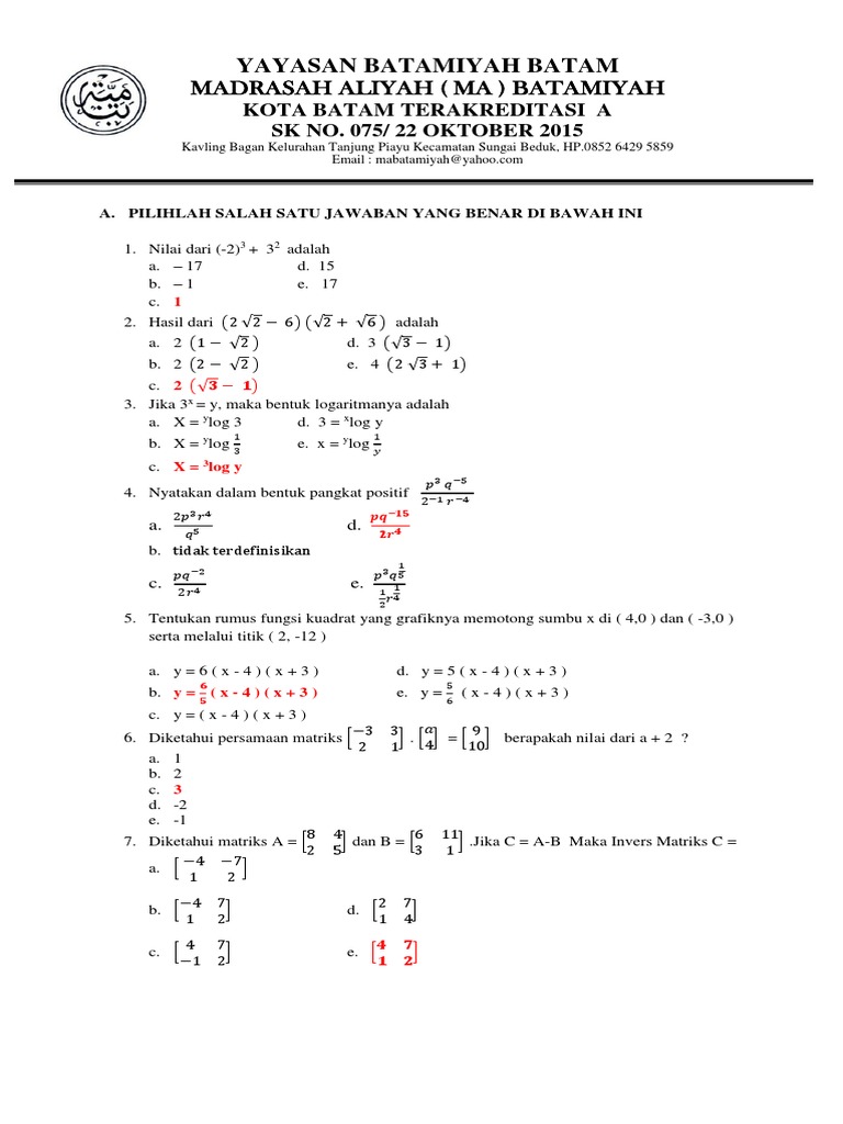 Soal Matematika MA Batamiyah | PDF