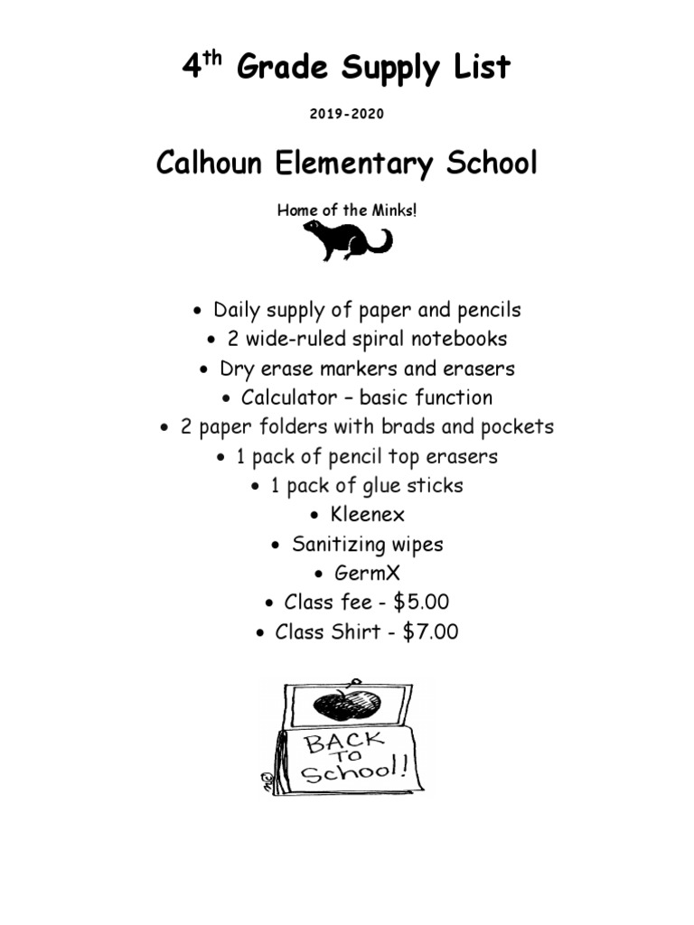 4 Grade Supply List Calhoun Elementary School PDF