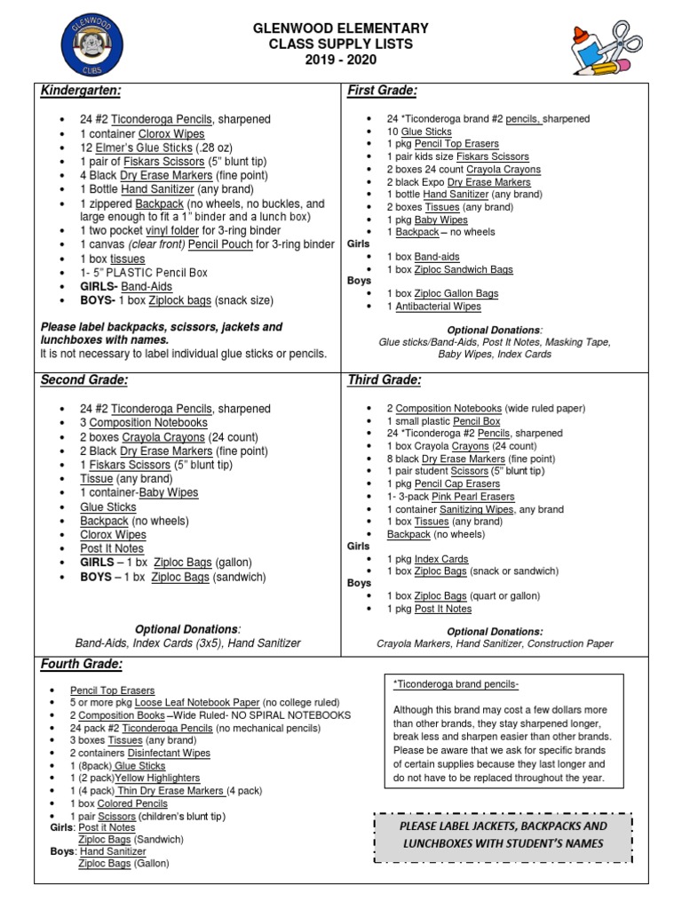 Glenwood Elementary Class Supply Lists 2019 2020 Kindergarten First