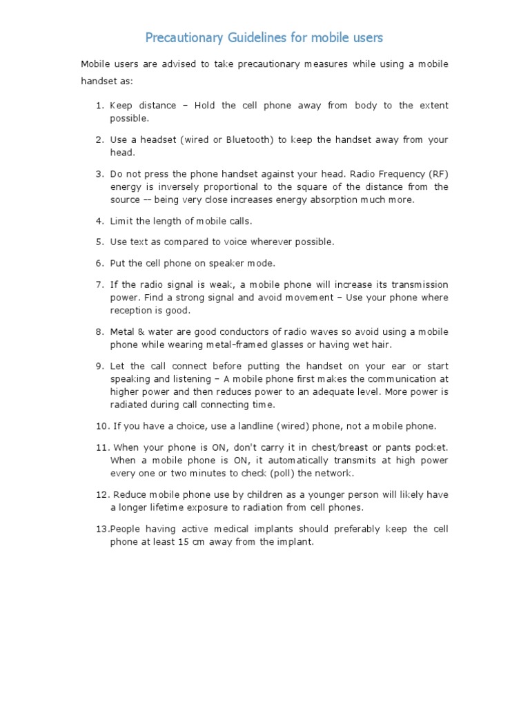 Precautionary Guidelines For Mobile Users | PDF | Radio | Telephone