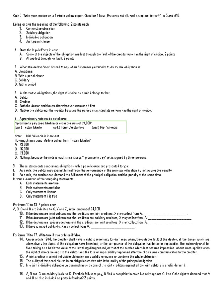 Quiz 4 - Alternative, Joint, Solidary, Divisible ...