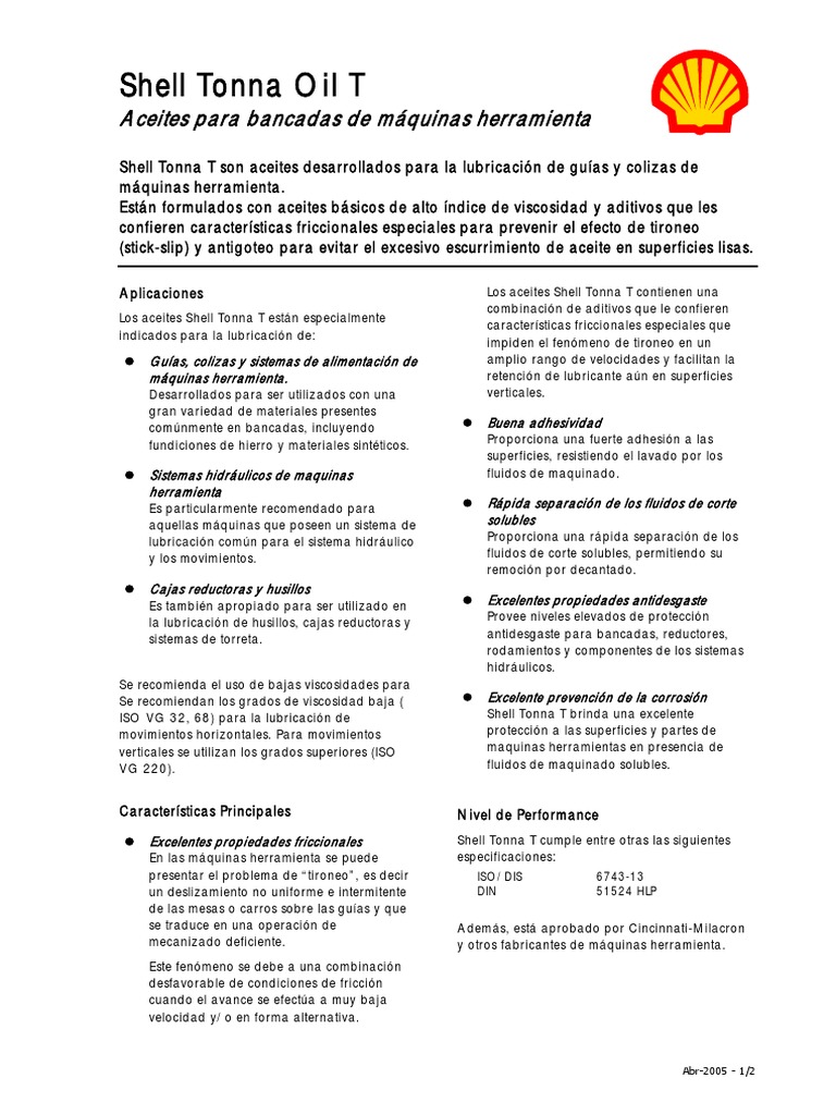 Aceites Shell Tonna T para Maquinaria | PDF | Lubricante | Herramienta ...