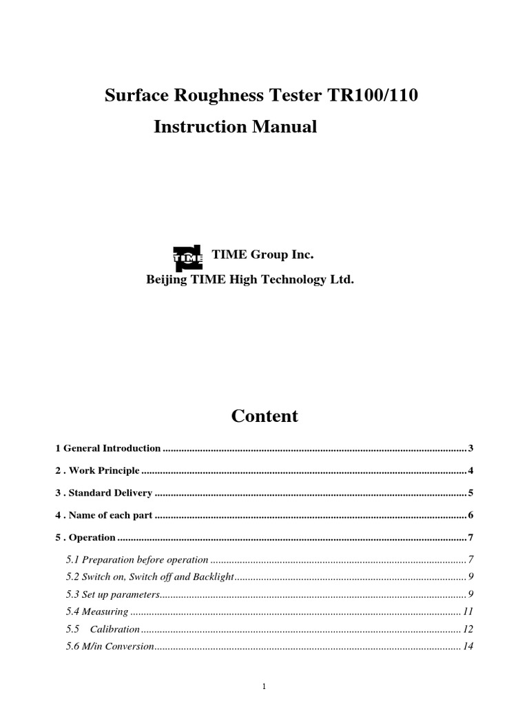 Tr110 Portable Roughness Tester Instruction Manual PDF Surface Roughness Calibration