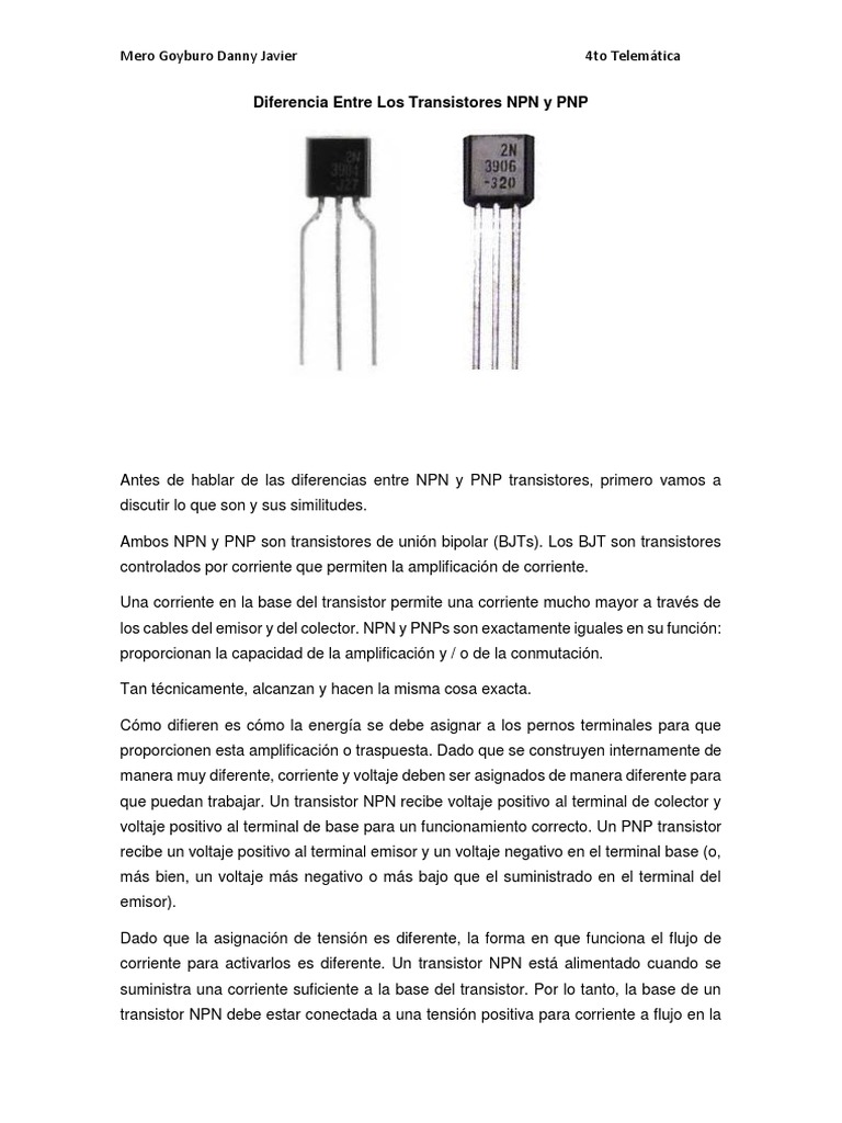 Diferencia Entre Los Transistores NPN y PNP PDF Transistor de unión bipolar Transistor