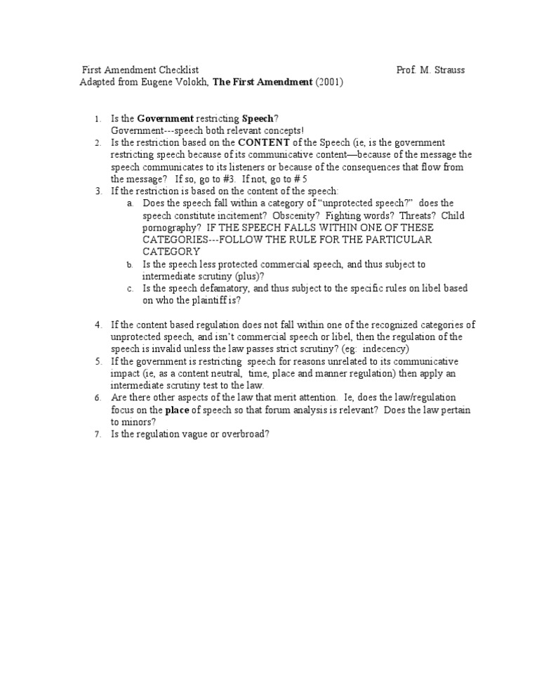 First Amendment Speech Regulation Checklist | PDF | Intermediate ...