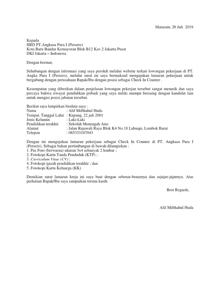 Surat Lamaran Kerja Di Pt Angkasa Pura I Sebagai Check In Counter