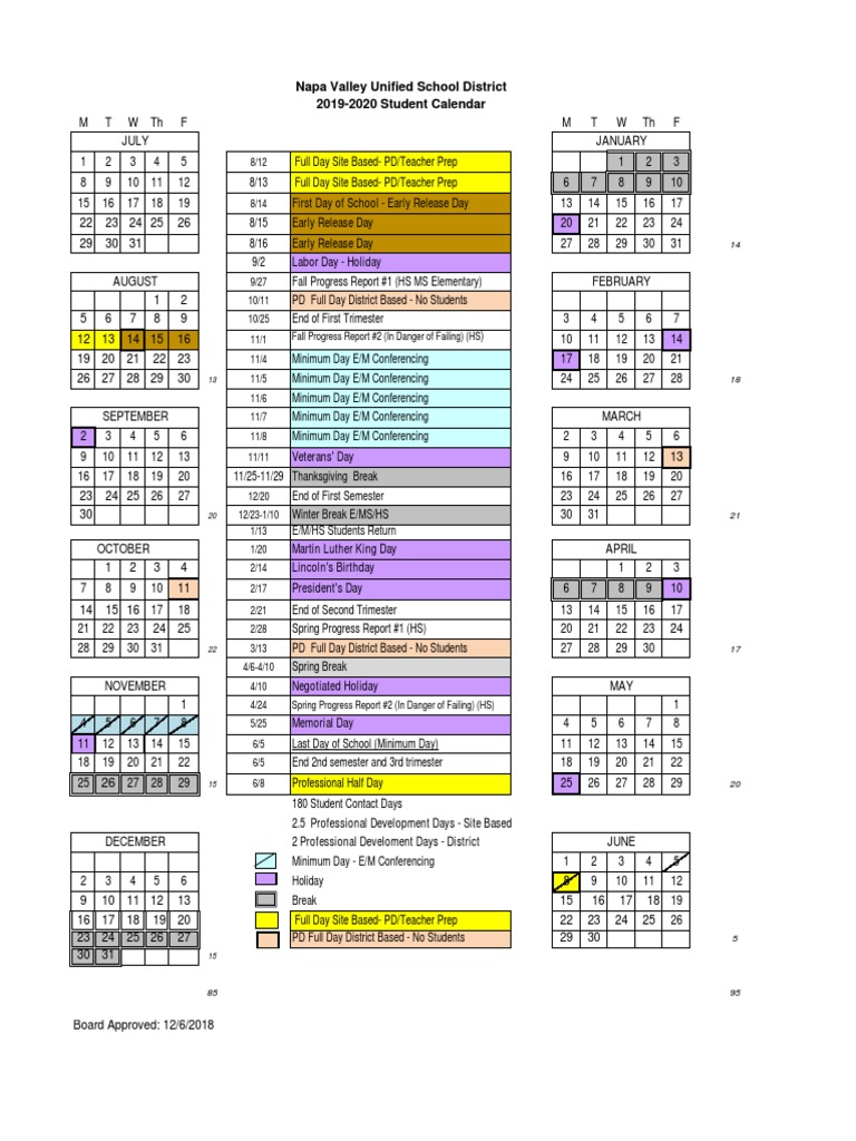 Nvusd Calendar 2023 2019-2020 Napa Valley Unified School District Calendar | Pdf | Academic  Term | Academia