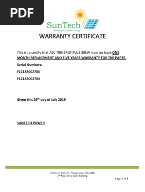 Warranty Certificate