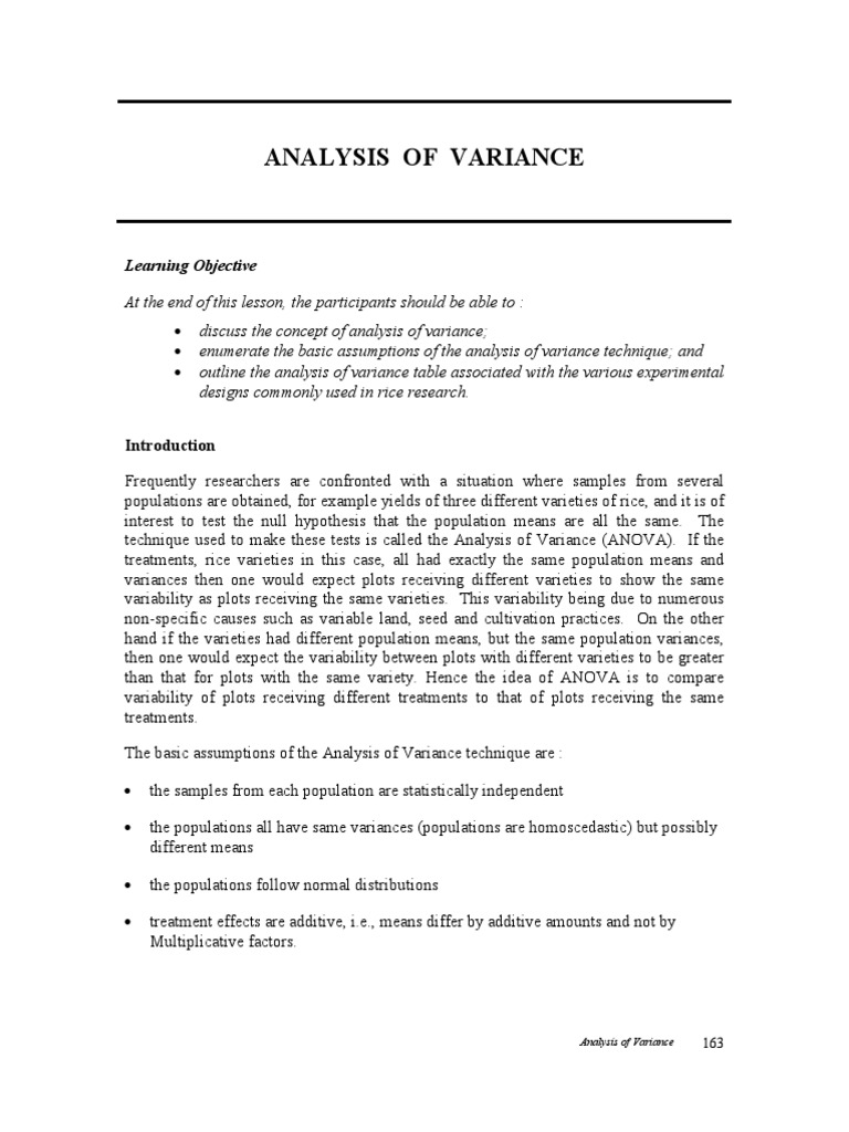 Analysis of Variance in Rice Research | PDF | Analysis Of Variance ...