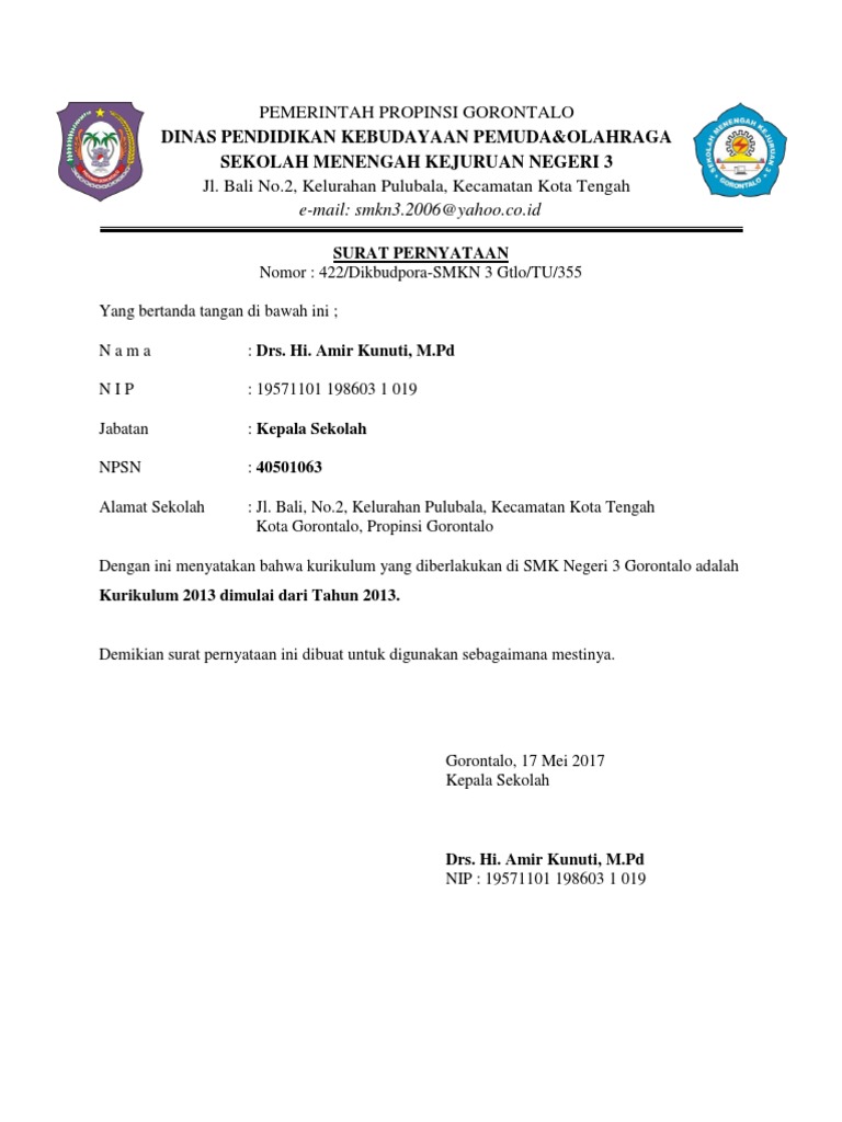 Surat Pernyataan Kurikulum Pdf