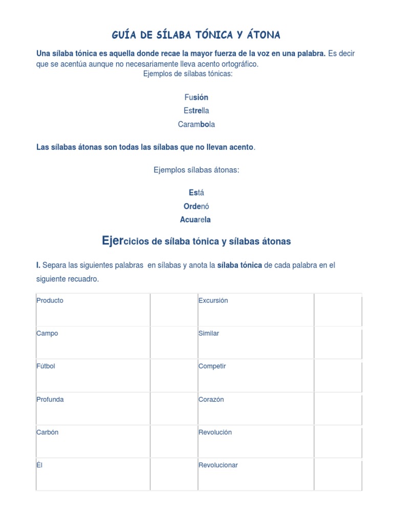 Ejercicios de Sílaba Tónica