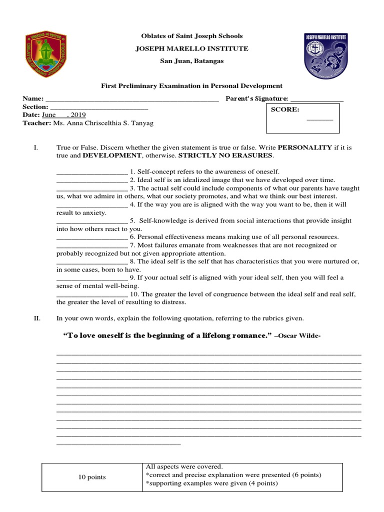 Personal Development Exam Guide | PDF | Self | Social Psychology