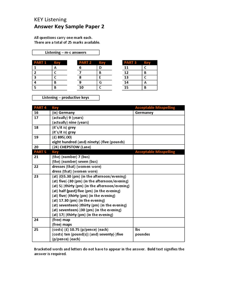 Listening Answer Key Sample Paper 2 | PDF