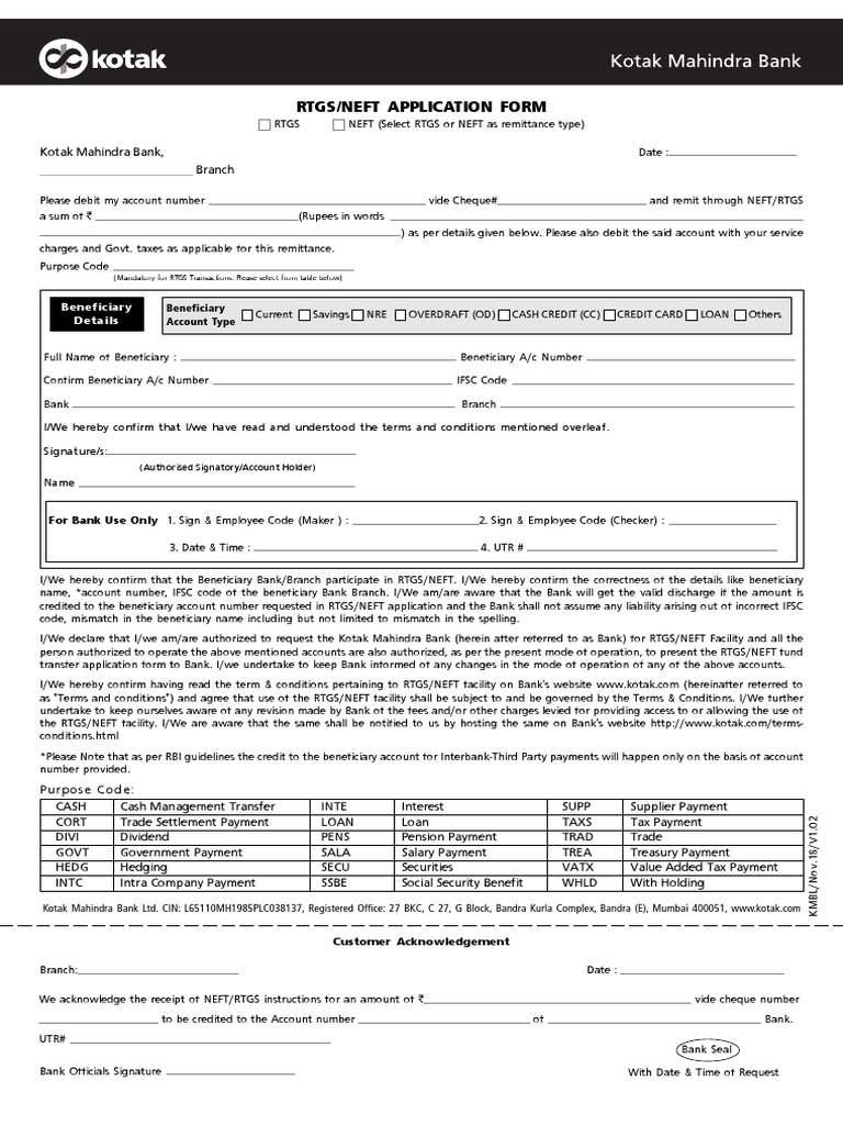 Rtgs and Neft Form | PDF | Debit Card | Banks