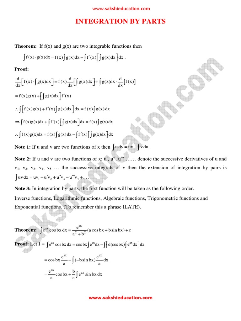 Integration By Parts Mathematical Relations Algebra