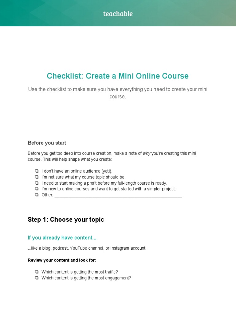 Mini Course Creation Checklist | PDF | Blog | Social Media