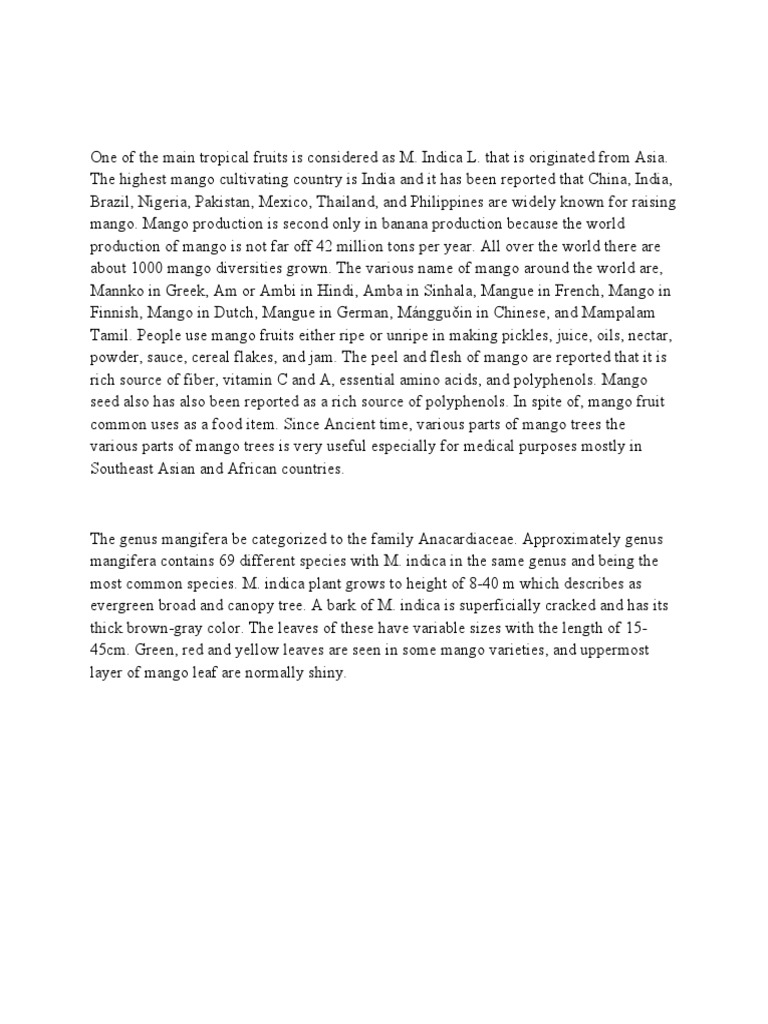 The Taxonomy, Cultivation, Uses and Environmental Impact of Mangifera
