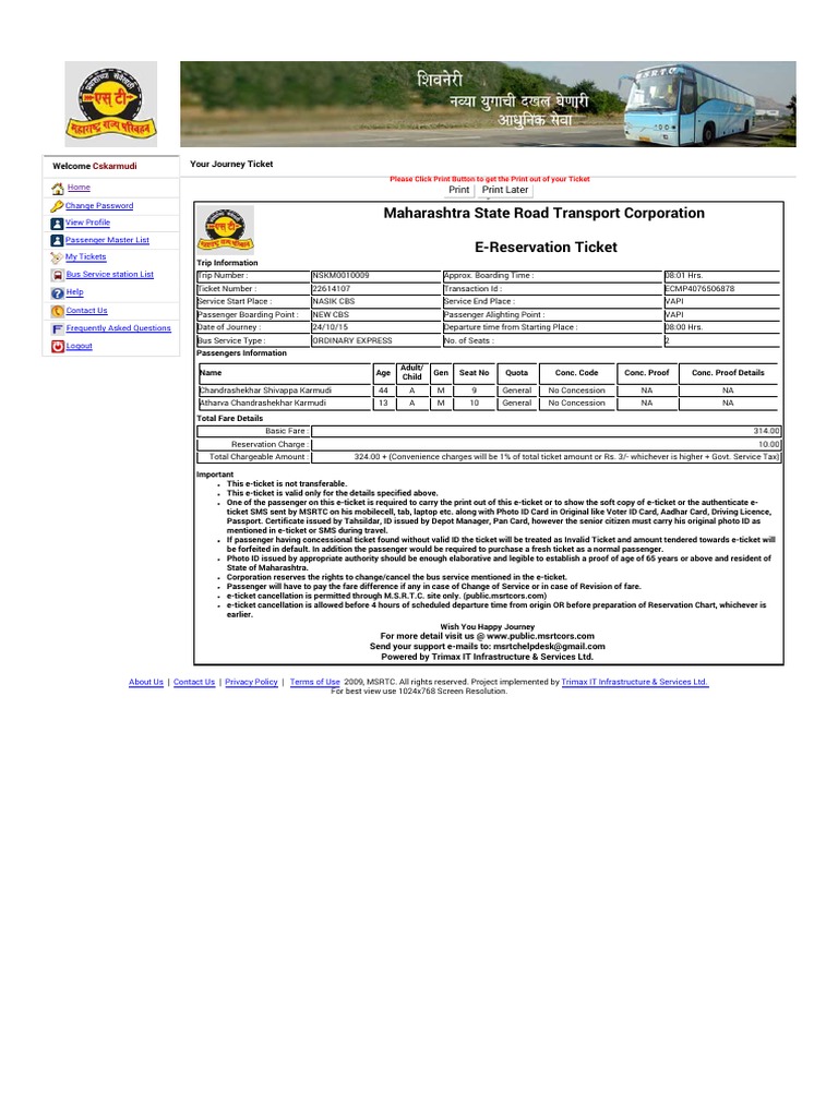 MSRTC :: Online Reservation System | PDF | Identity Document | Ticket ...