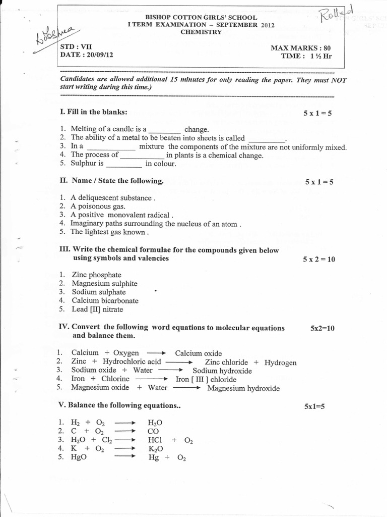 Chemistry Exam for Std VII - Bishop Cotton | PDF | Oxide | Magnesium