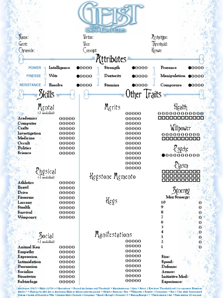 A Character Sheet for Tracking Attributes, Skills, and Abilities of a ...