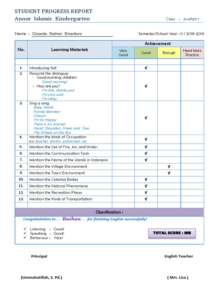 Format Penilaian Bahasa Inggris Tk Pdf Behavior Modification