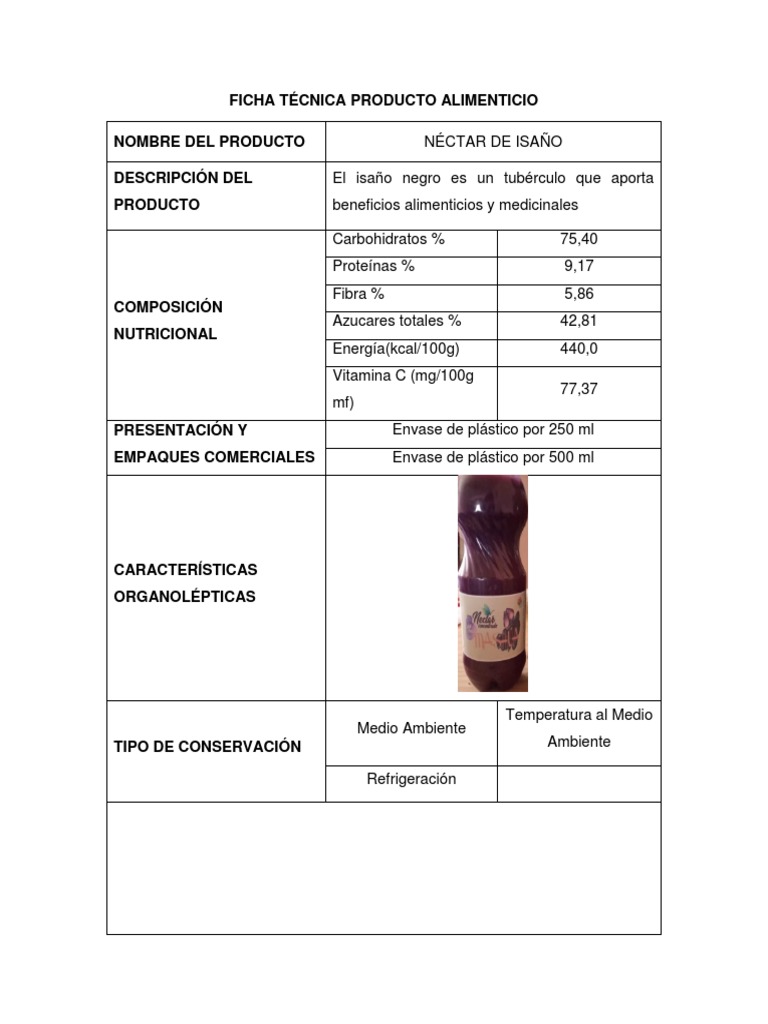 Ficha Técnica Producto Alimenticio PDF