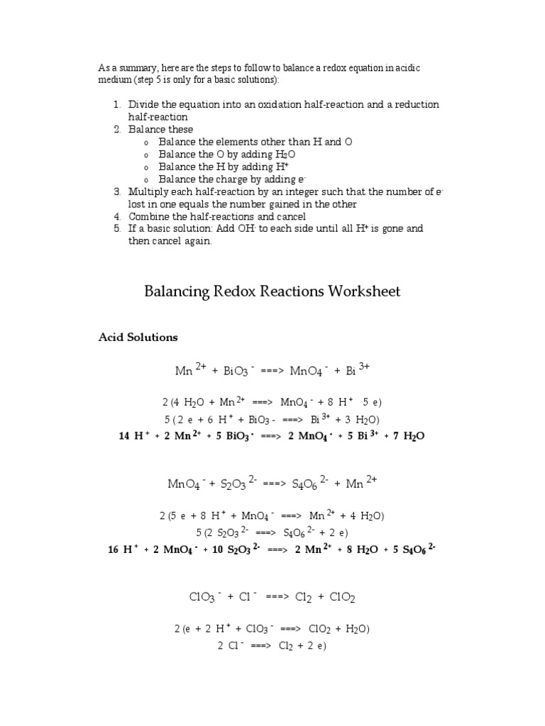 Balancing Redox Reactions Worksheetkey Redox Chemical Elements