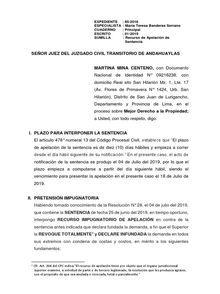Apelación Sentencia Civil | PDF | Sentencia (ley) | Demanda judicial