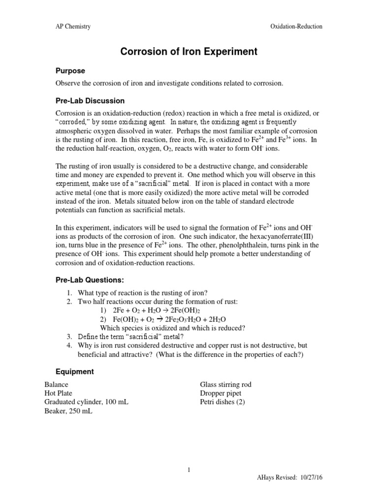 Corrosion of Iron Experiment: Purpose | PDF | Rust | Redox