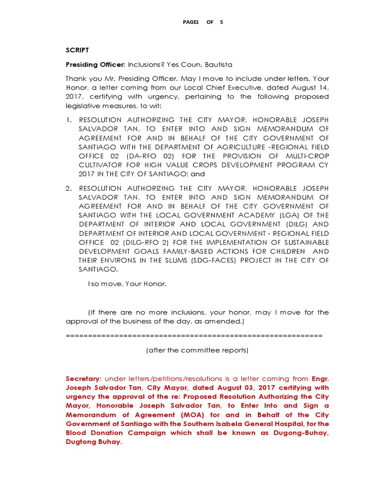 Script Presiding Officer: Inclusions? Yes Coun. Bautista: Page of 5 1 ...