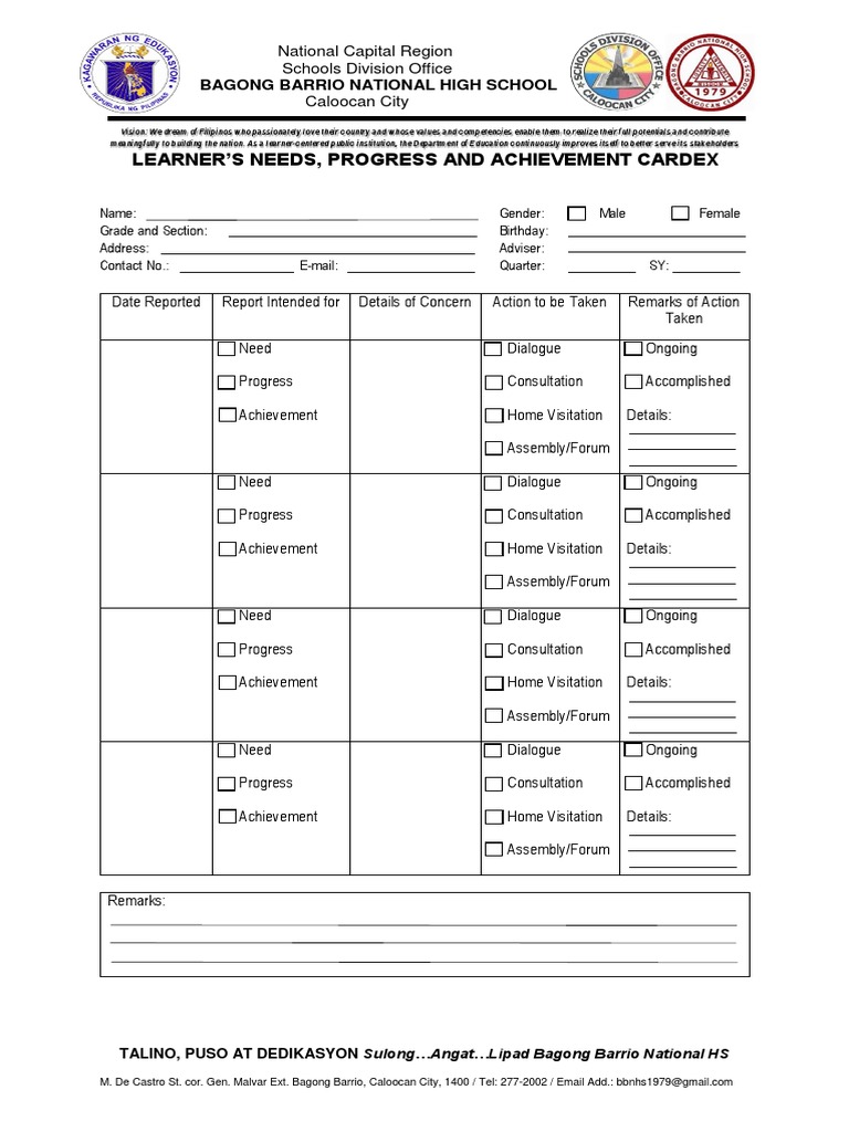 Bagong Barrio HS Learner's Progress Cardex | PDF | Behavior ...
