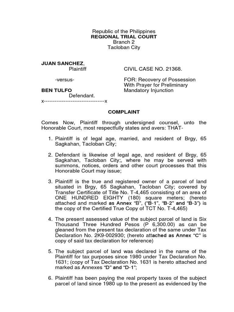 Complaint for Recovery of Possession | PDF | Injunction | Lawsuit