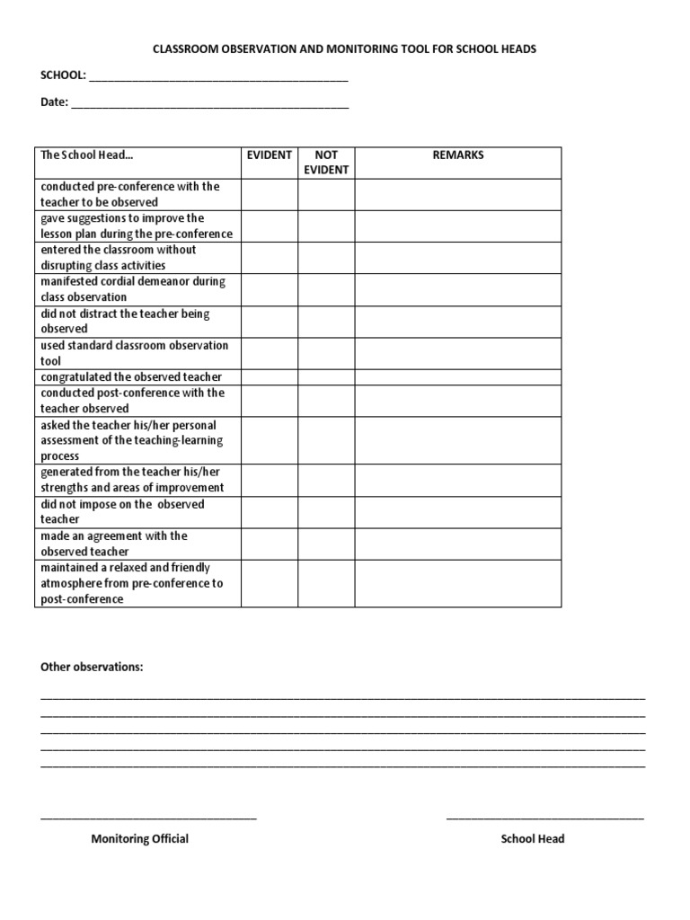 Classroom Observation and Monitoring Tool For School Heads | PDF