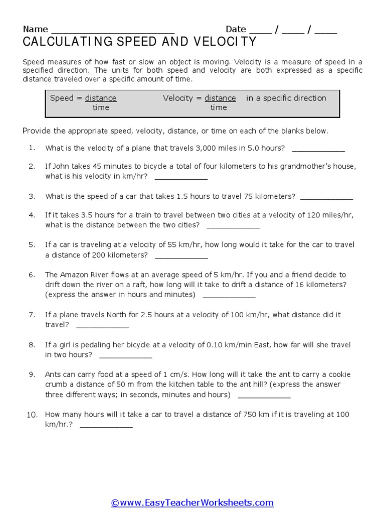 Worksheet Velocity  Speed  Velocity Within  Determining Speed Velocity Worksheet