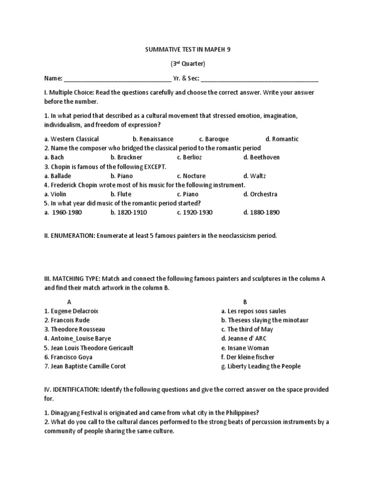 Summative Test in Mapeh 10 (Third Quarter)  PDF  Vedas  Romanticism