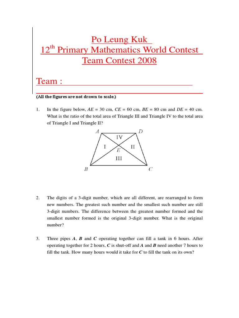2008 Primary Math Contest Problems | PDF | Area | Euclidean Plane Geometry